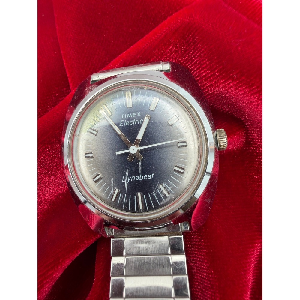 Vintage Timex Electric Dynabeat Watch Blue Dial Speidel Band For Parts Repair